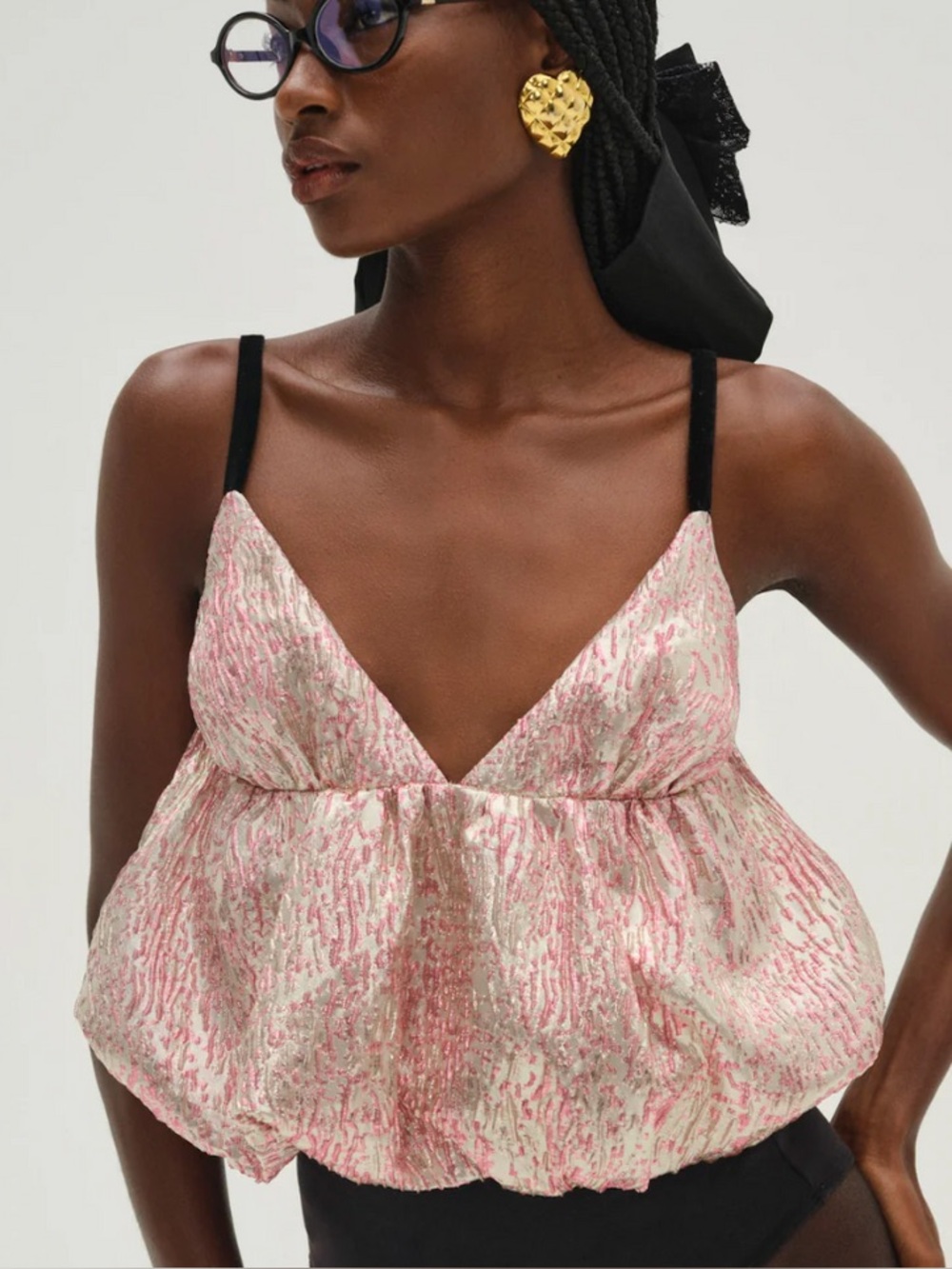 NWOT  For Love & Lemons Pink and Cream Metallic Jacquard Crop Top